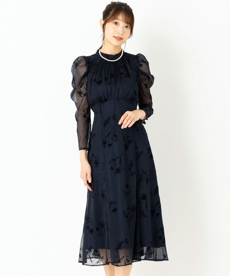 JUSGLITTY ジャスグリッティー フロッキープリントドレス ネイビー系
