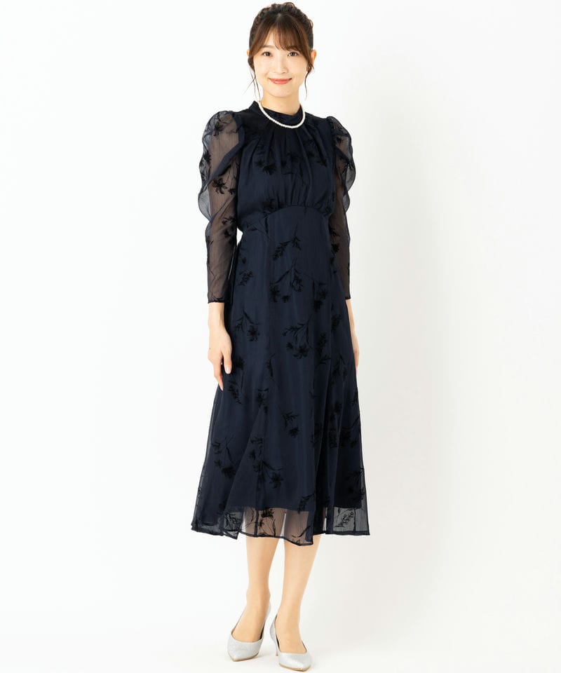 JUSGLITTY ジャスグリッティー フロッキープリントドレス ネイビー系