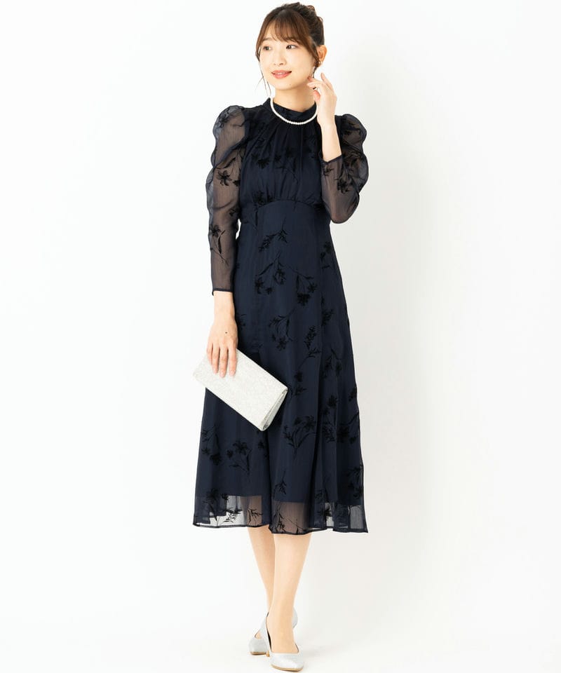 JUSGLITTY ジャスグリッティー フロッキープリントドレス ネイビー系