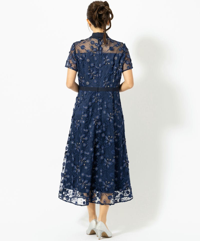 GRACE CONTINENTAL ネイビー花柄レースドレス GRACE CONTINENTAL グレースコンチネンタル フラワーフレアドレス
