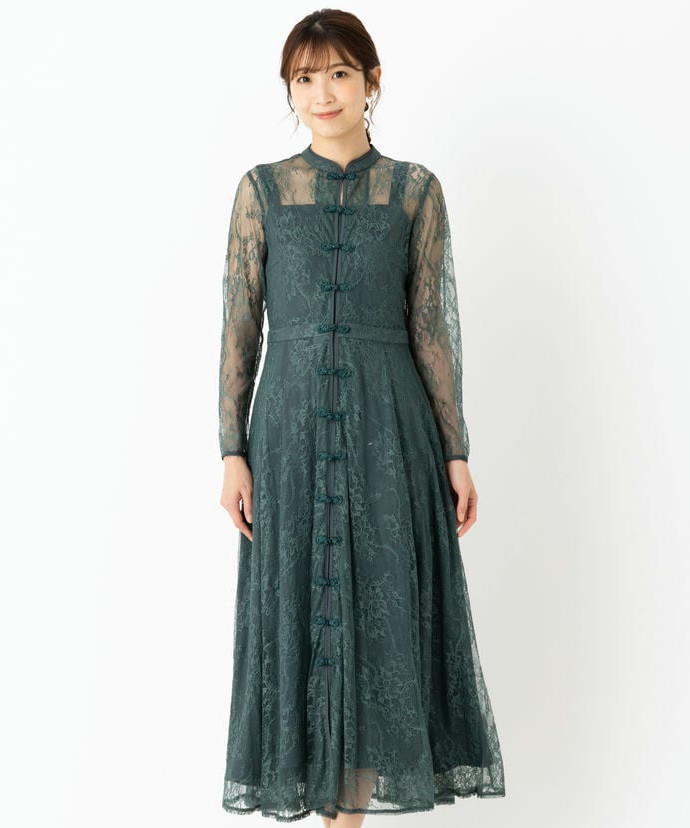 Select Shop フロントボタンチャイナ風総レースドレス グリーン系