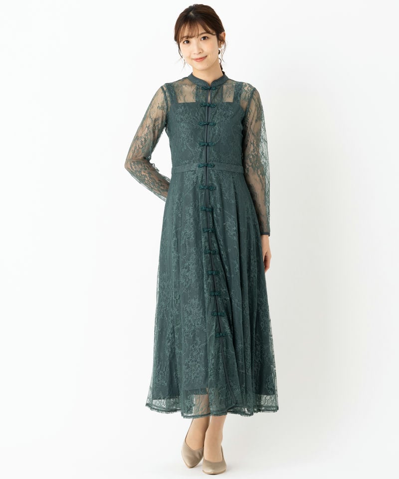 Select Shop フロントボタンチャイナ風総レースドレス グリーン系