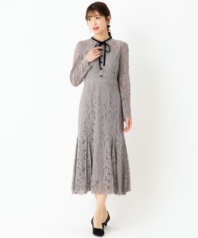 CELFORD セルフォード ボウタイ付きレースマーメイドドレス グレー系
