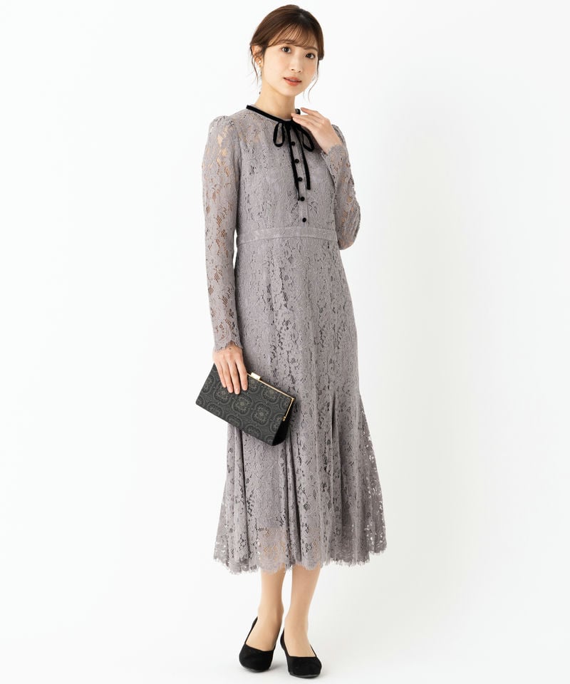 CELFORD セルフォード ボウタイ付きレースマーメイドドレス グレー系