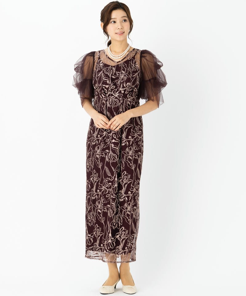 LE'RURE リルアー フラッフィースリーブペンシルドレス レッド系