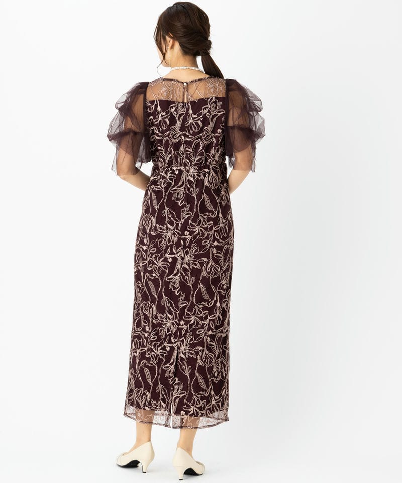 LE'RURE リルアー フラッフィースリーブペンシルドレス レッド系