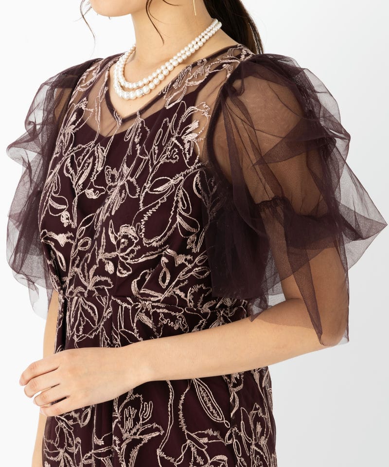 LE'RURE リルアー フラッフィースリーブペンシルドレス レッド系