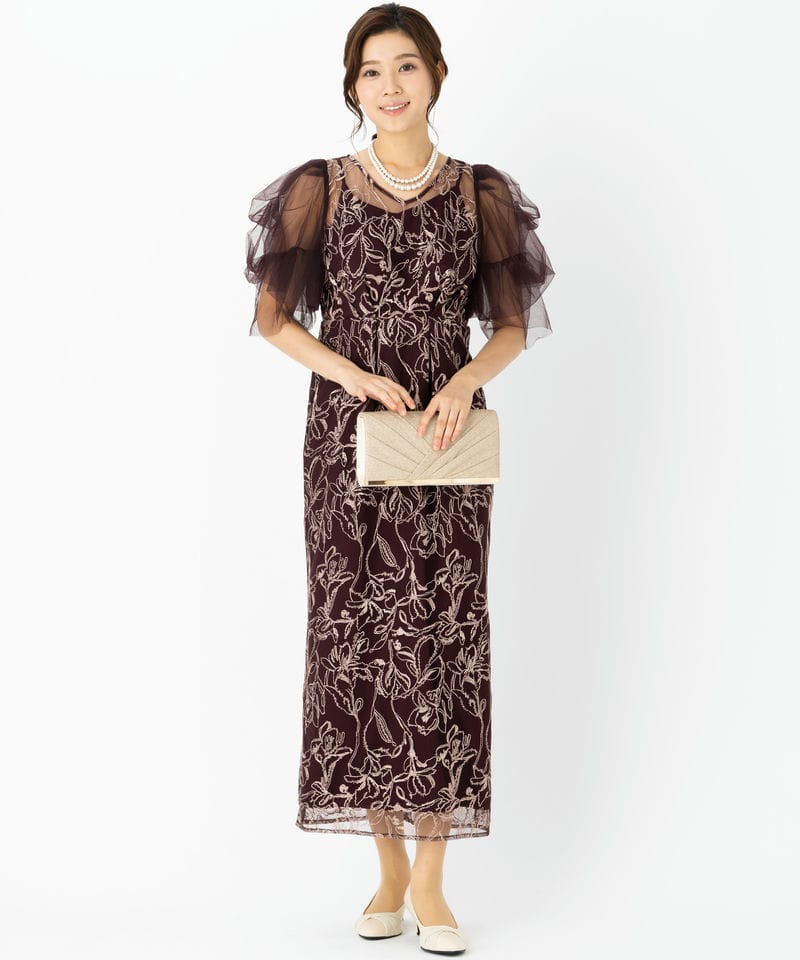 LE'RURE リルアー フラッフィースリーブペンシルドレス レッド系