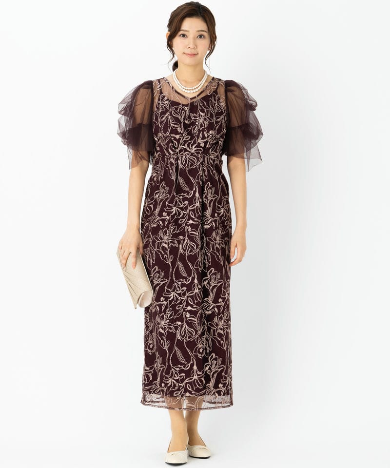 LE'RURE リルアー フラッフィースリーブペンシルドレス レッド系