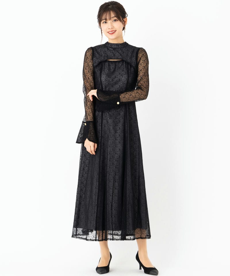 Select Shop バックオープンジオメトリックレースドレス ブラック系