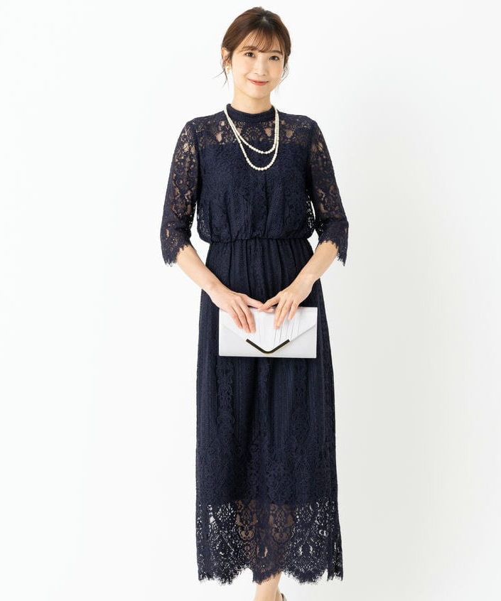 Aimer エメ プチハイネック5分袖レースドレス ネイビー系 | 結婚式