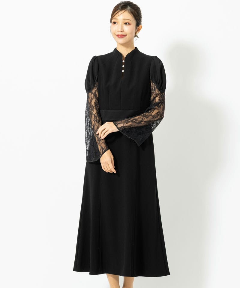 Demi-Luxe BEAMS ダブルクロス レースカフス ワンピース 紺 Demi-Luxe