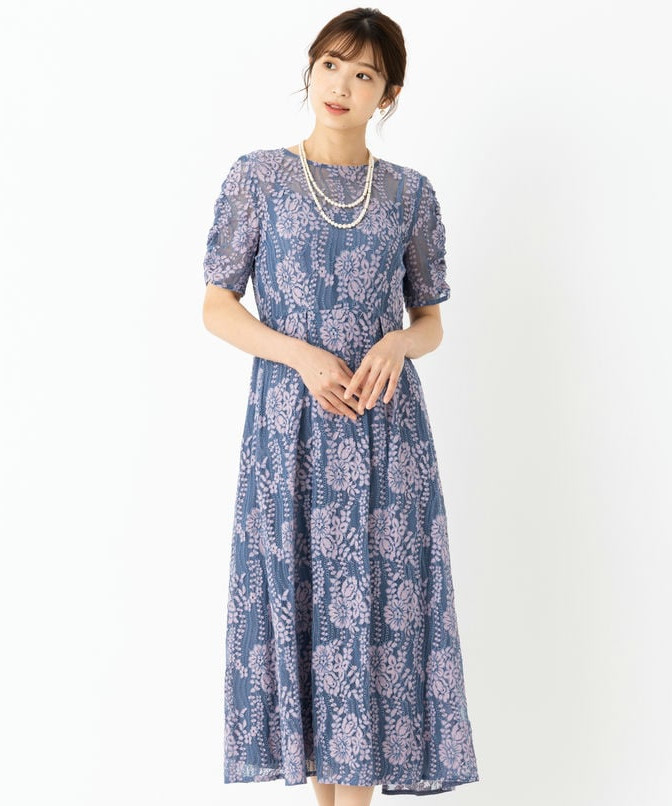 kaene カエン 配色レースギャザードレス ブルー系 | 結婚式パーティー
