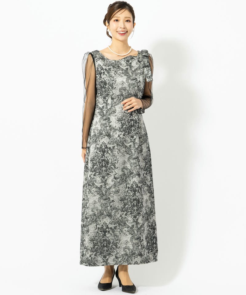 リルアー　ショルダーリボンジャガードドレス LE'RURE リルアー ショルダーリボンジャガードドレス ブラック系