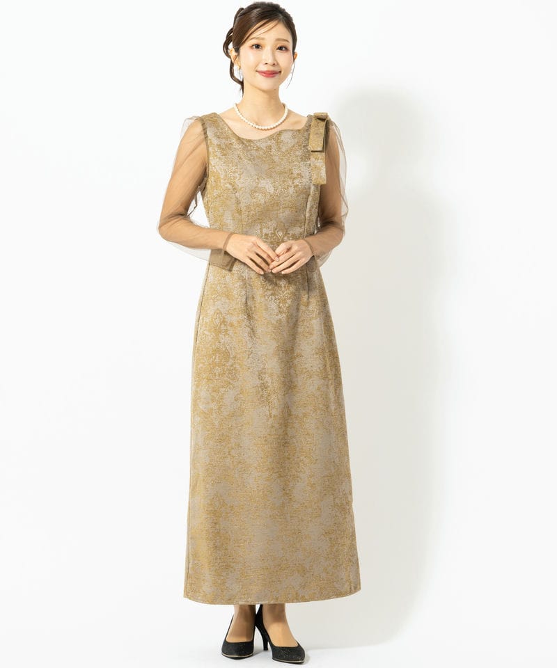 LE'RURE リルアー ショルダーリボンジャガードドレス ブラウン系