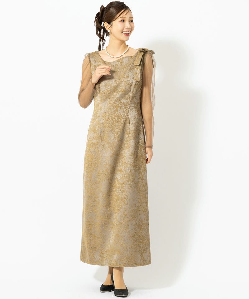 LE'RURE リルアー ショルダーリボンジャガードドレス ブラウン系