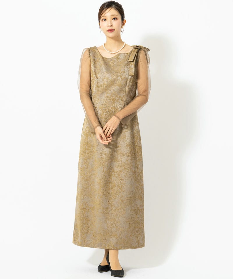 LE'RURE リルアー ショルダーリボンジャガードドレス ブラウン系