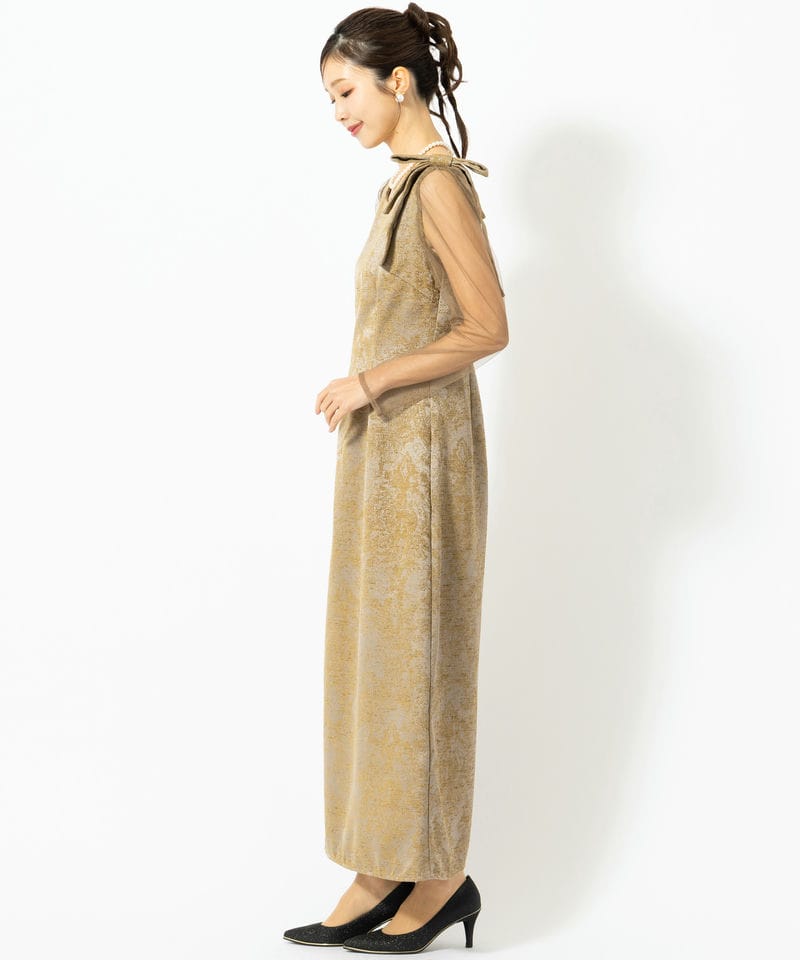 LE'RURE リルアー ショルダーリボンジャガードドレス ブラウン系