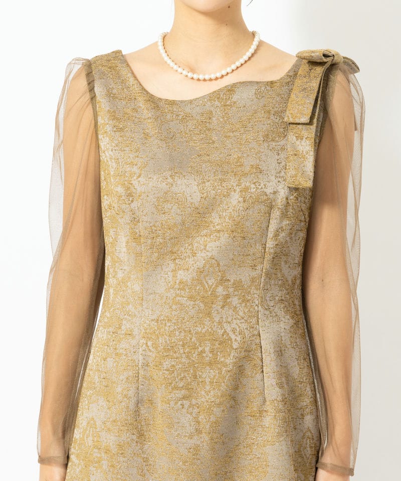 LE'RURE リルアー ショルダーリボンジャガードドレス ブラウン系