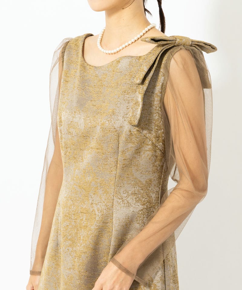 LE'RURE リルアー ショルダーリボンジャガードドレス ブラウン系