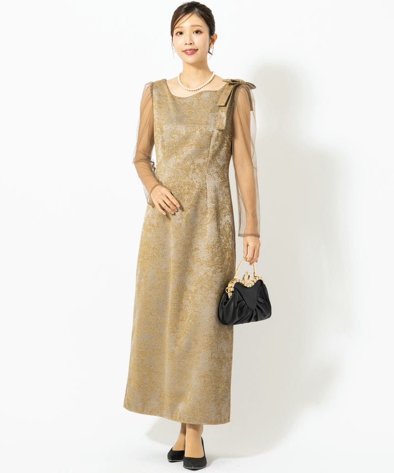 LE'RURE リルアー ショルダーリボンジャガードドレス ブラウン系