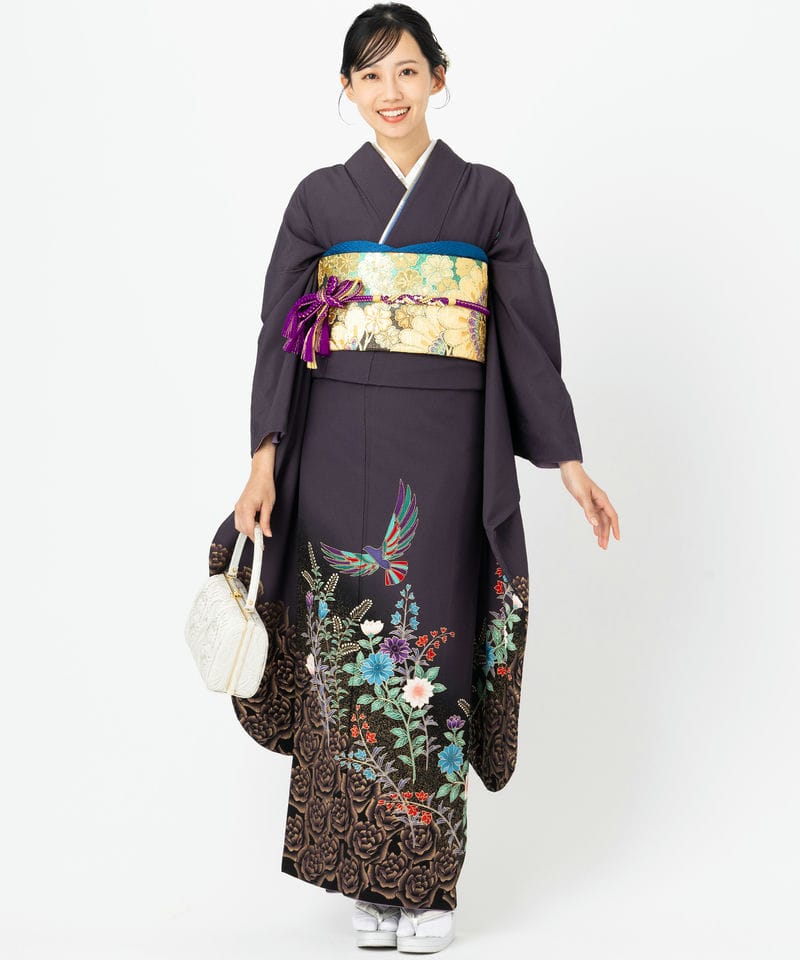 正絹 鉄紺系 薔薇 孔雀振袖 着物リメイクドレス* Select Shop 【振袖】三才鳥と薔薇 ネイビー系 | 結婚式パーティーの