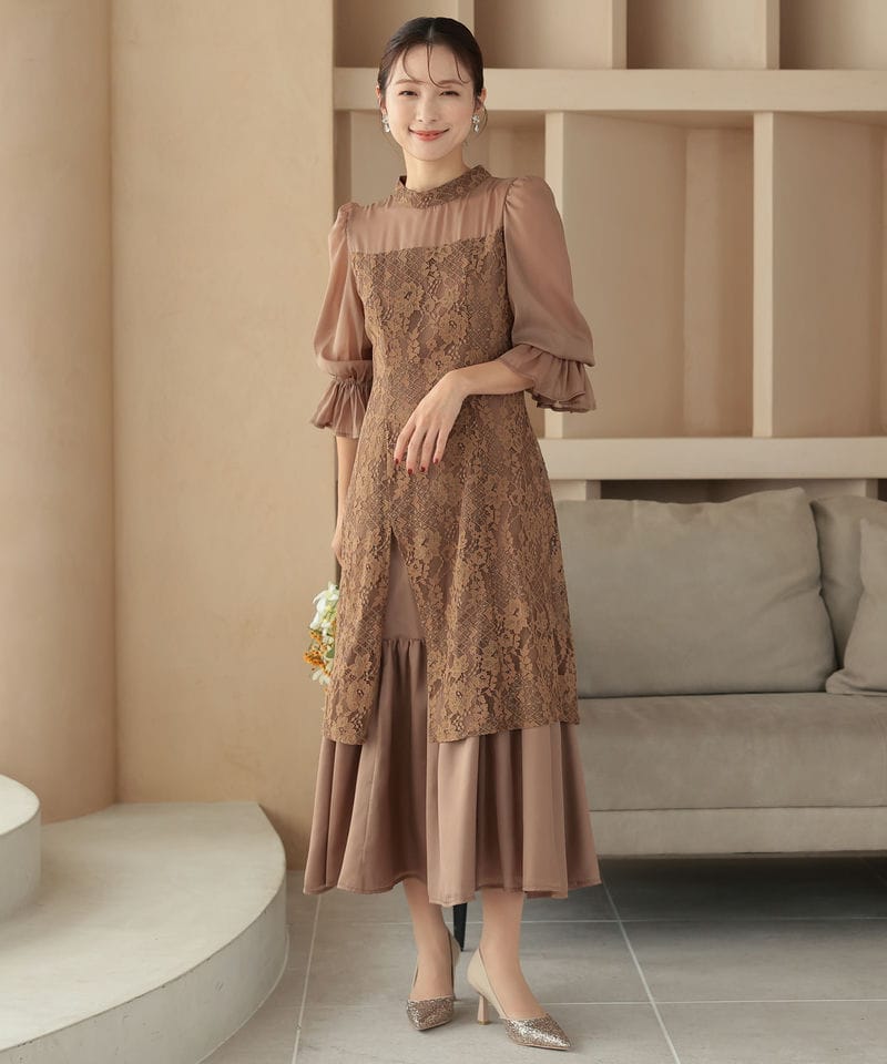 Select Shop シャーリングスリーブ花柄レースドレス ブラウン系 | 結婚