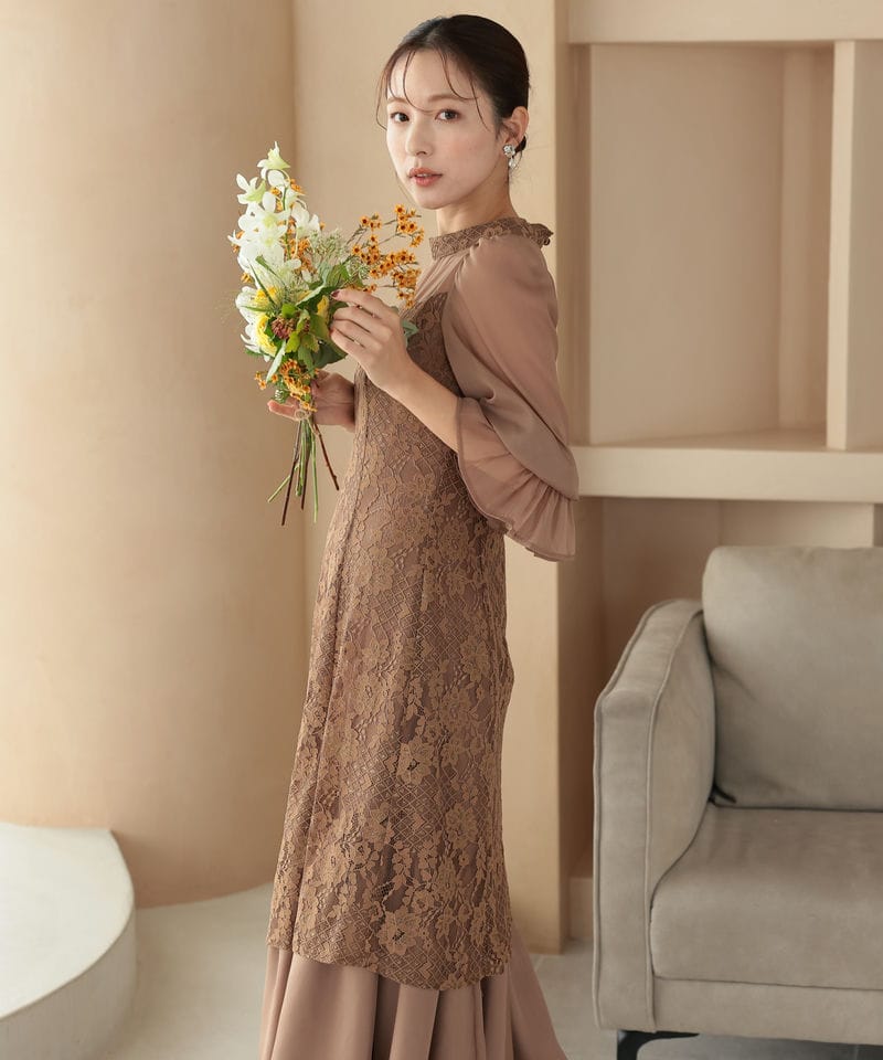 Select Shop シャーリングスリーブ花柄レースドレス ブラウン系 | 結婚