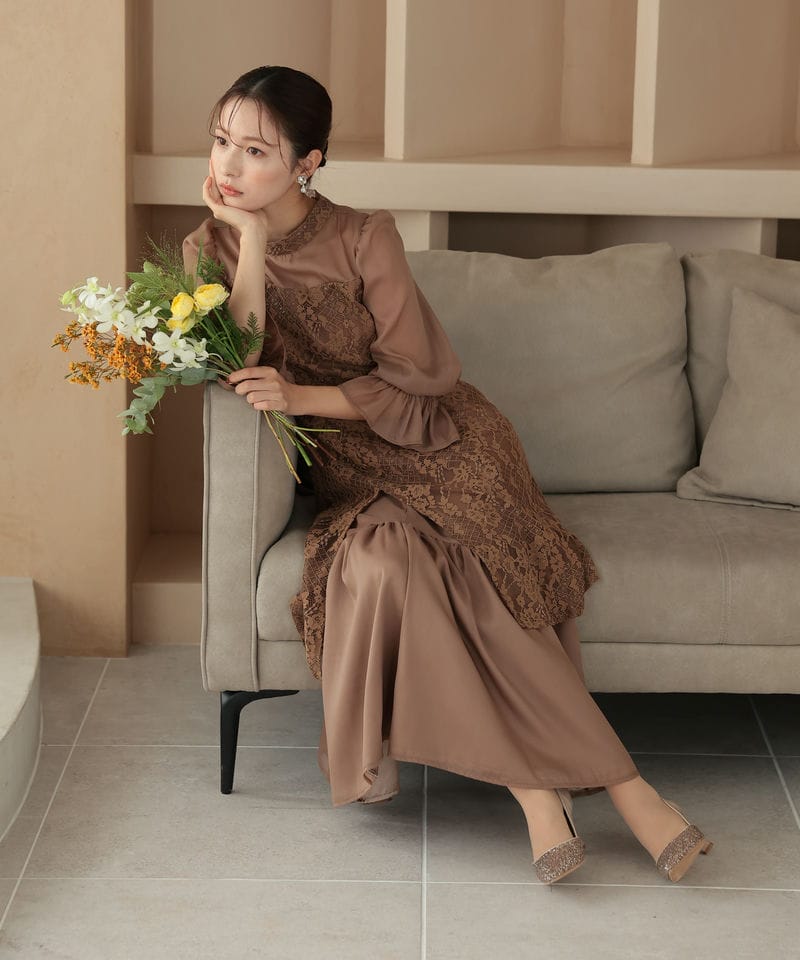 Select Shop シャーリングスリーブ花柄レースドレス ブラウン系 | 結婚
