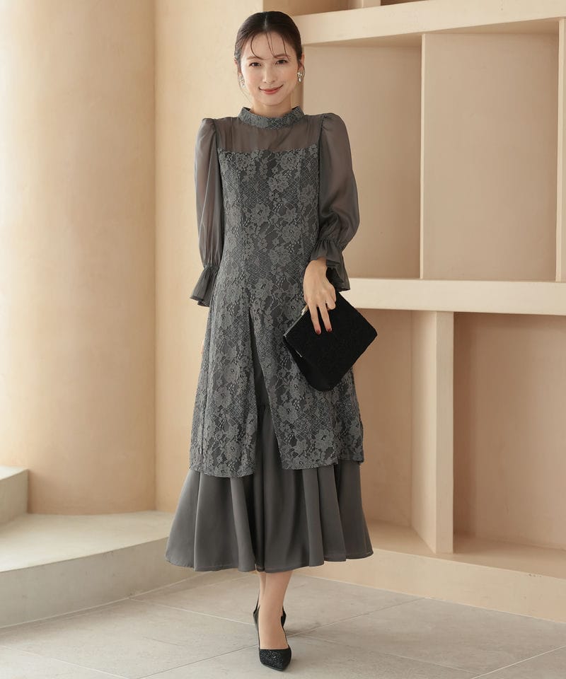 Select Shop シャーリングスリーブ花柄レースドレス グレー系 | 結婚式