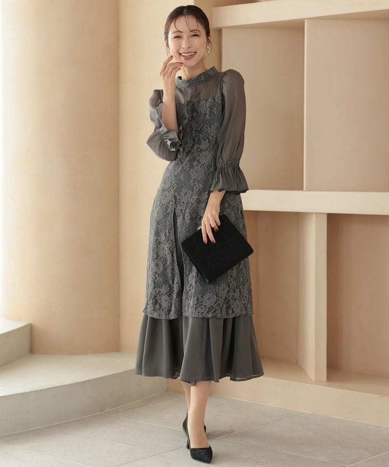 Select Shop シャーリングスリーブ花柄レースドレス グレー系 | 結婚式