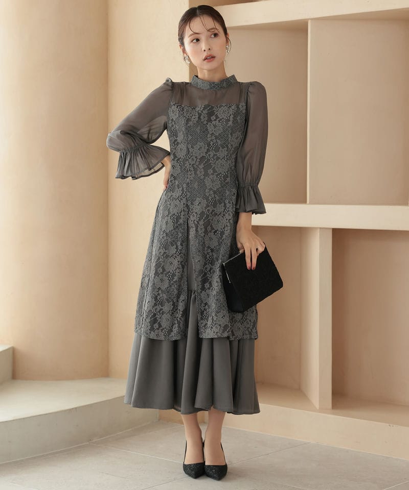 Select Shop シャーリングスリーブ花柄レースドレス グレー系 | 結婚式