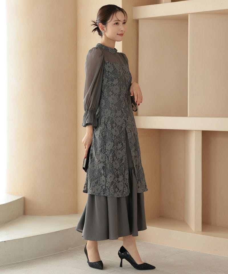 Select Shop シャーリングスリーブ花柄レースドレス グレー系 | 結婚式