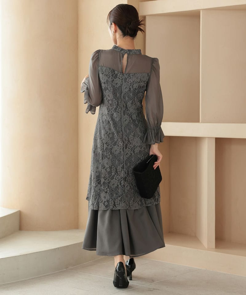 Select Shop シャーリングスリーブ花柄レースドレス グレー系 | 結婚式