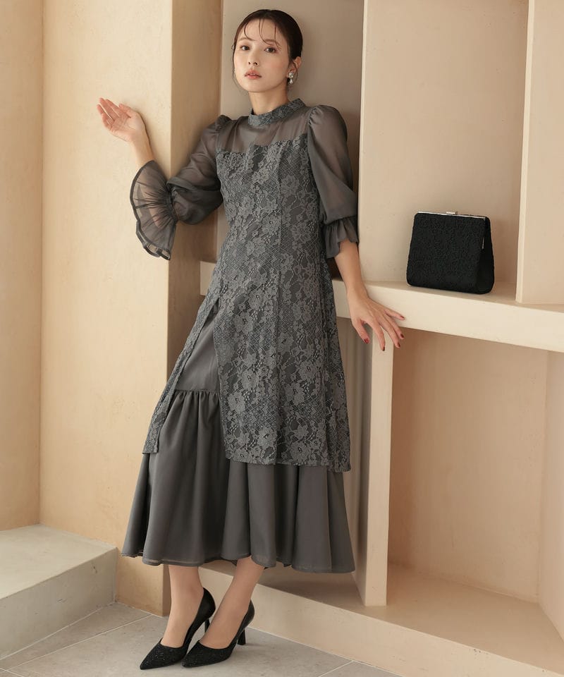 Select Shop シャーリングスリーブ花柄レースドレス グレー系 | 結婚式