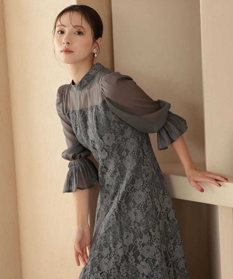 Select Shop シャーリングスリーブ花柄レースドレス グレー系 | 結婚式