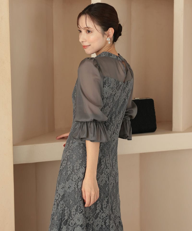 Select Shop シャーリングスリーブ花柄レースドレス グレー系 | 結婚式