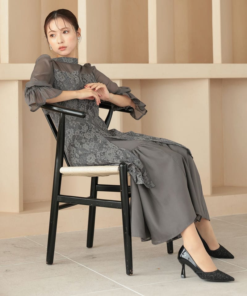 Select Shop シャーリングスリーブ花柄レースドレス グレー系 | 結婚式