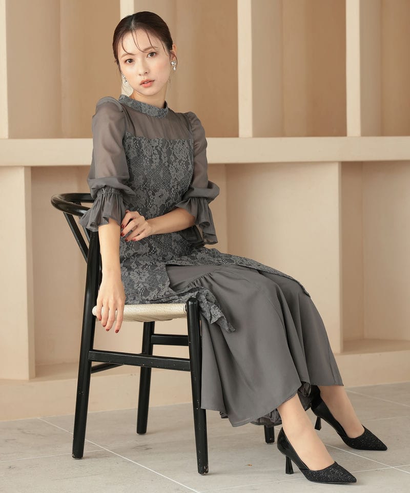 Select Shop シャーリングスリーブ花柄レースドレス グレー系 | 結婚式