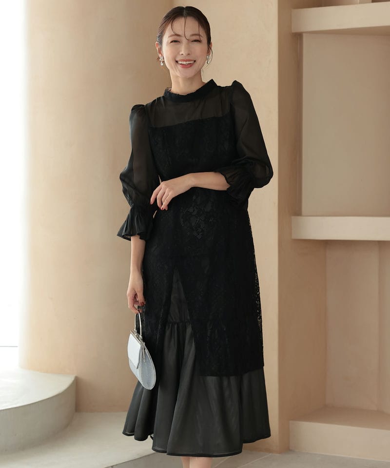 Select Shop シャーリングスリーブ花柄レースドレス グレー系 | 結婚式