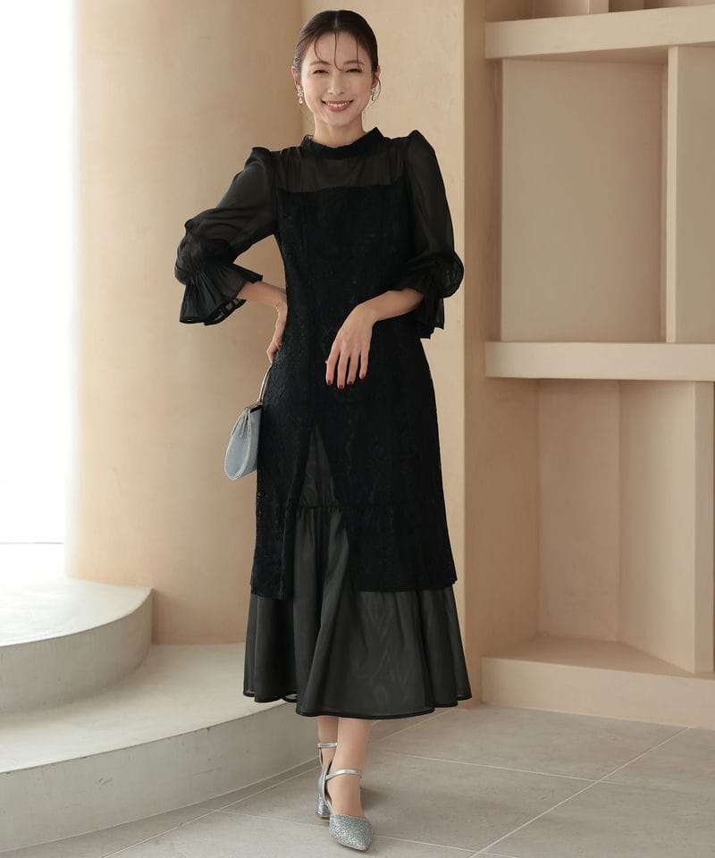 Select Shop シャーリングスリーブ花柄レースドレス ブラック系 | 結婚