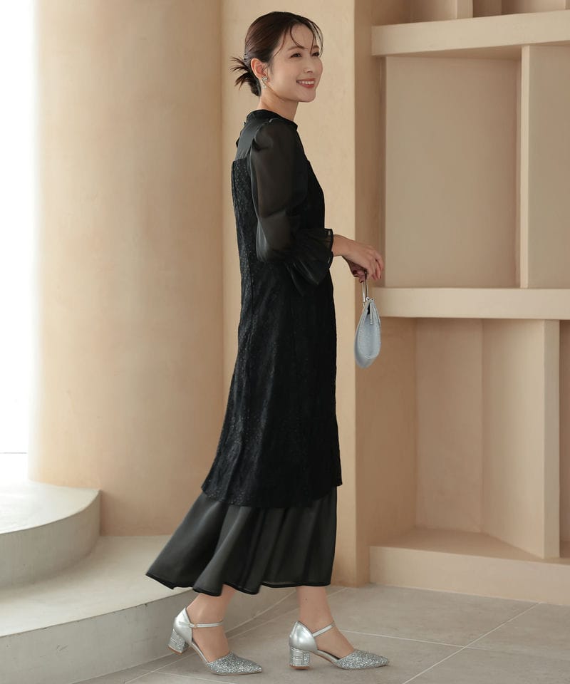 Select Shop シャーリングスリーブ花柄レースドレス ブラック系 | 結婚
