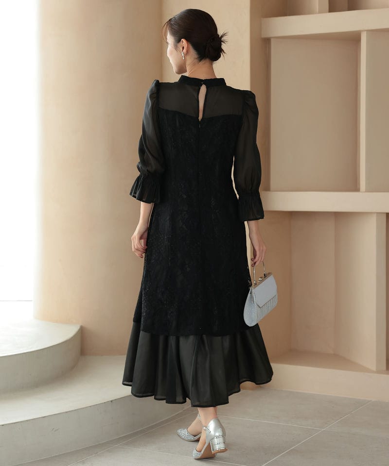 Select Shop シャーリングスリーブ花柄レースドレス ブラック系 | 結婚