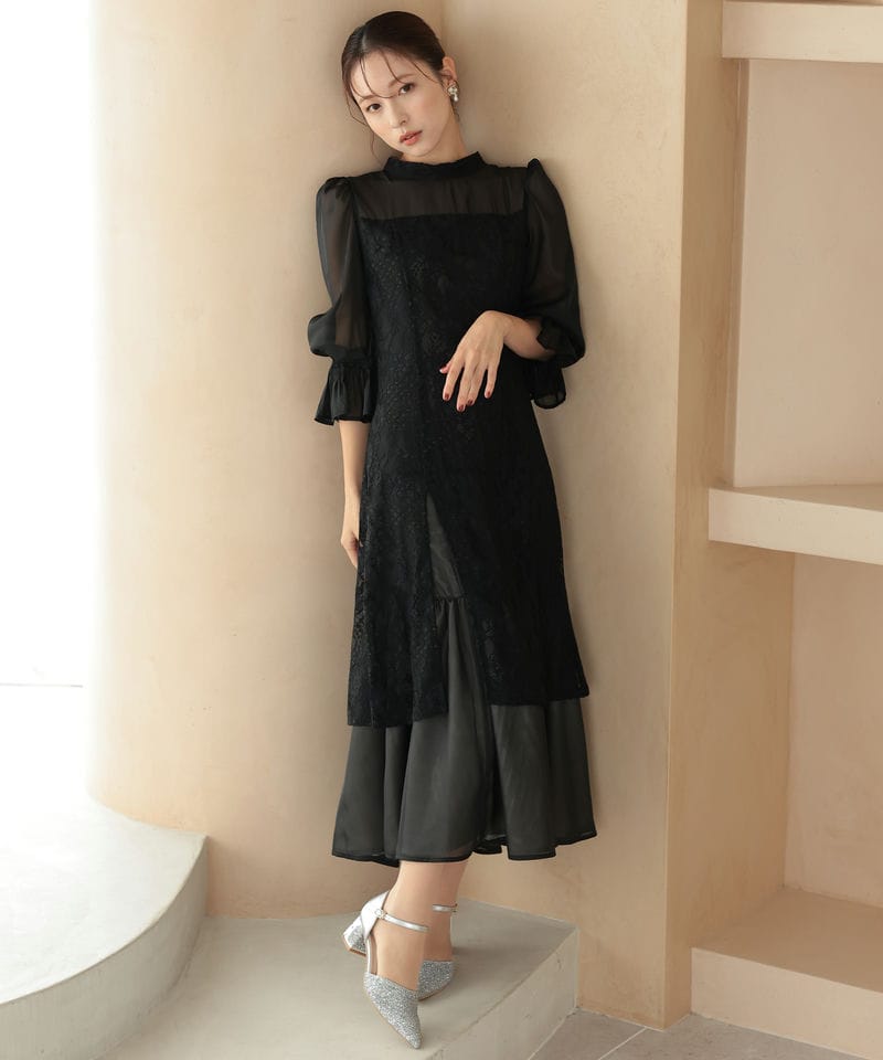 Select Shop シャーリングスリーブ花柄レースドレス ブラック系 | 結婚