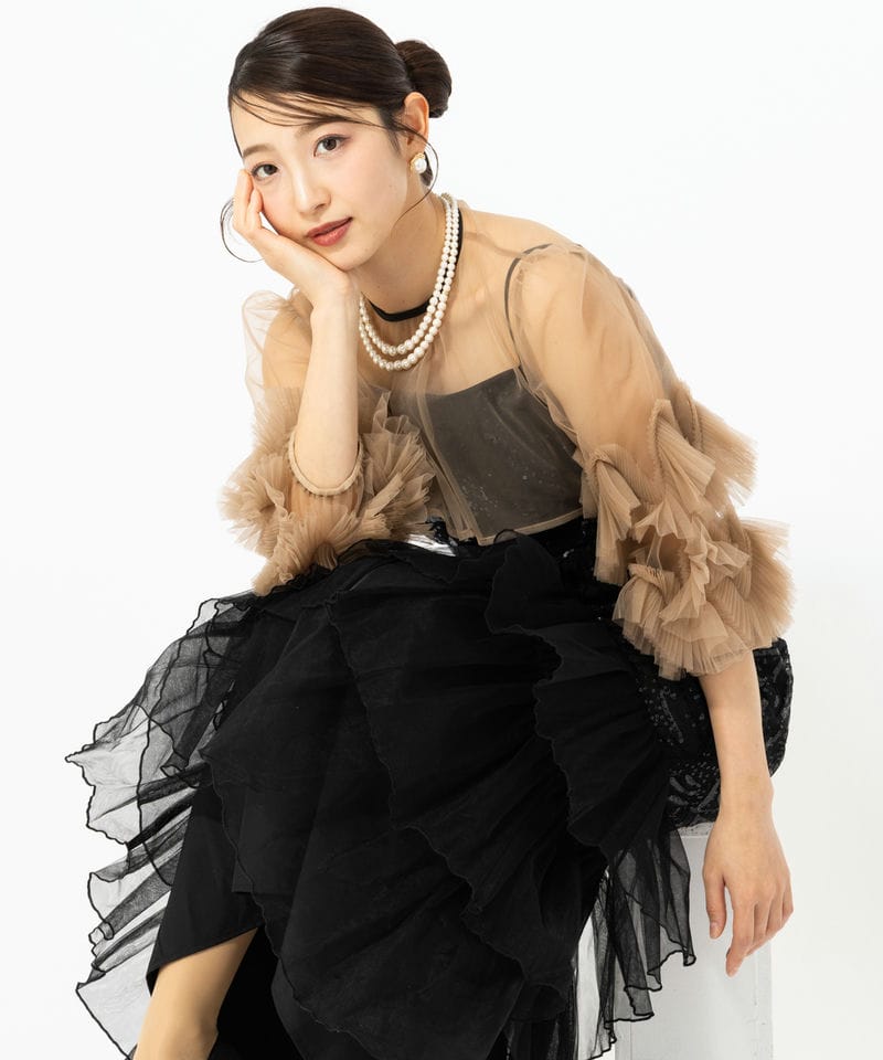 Leja レジャ フラワースパンコールチュールフリルスリーブIライン