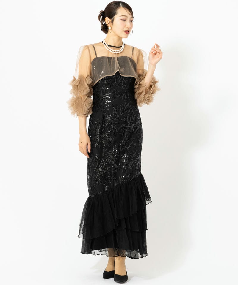 Leja レジャ フラワースパンコールチュールフリルスリーブIライン