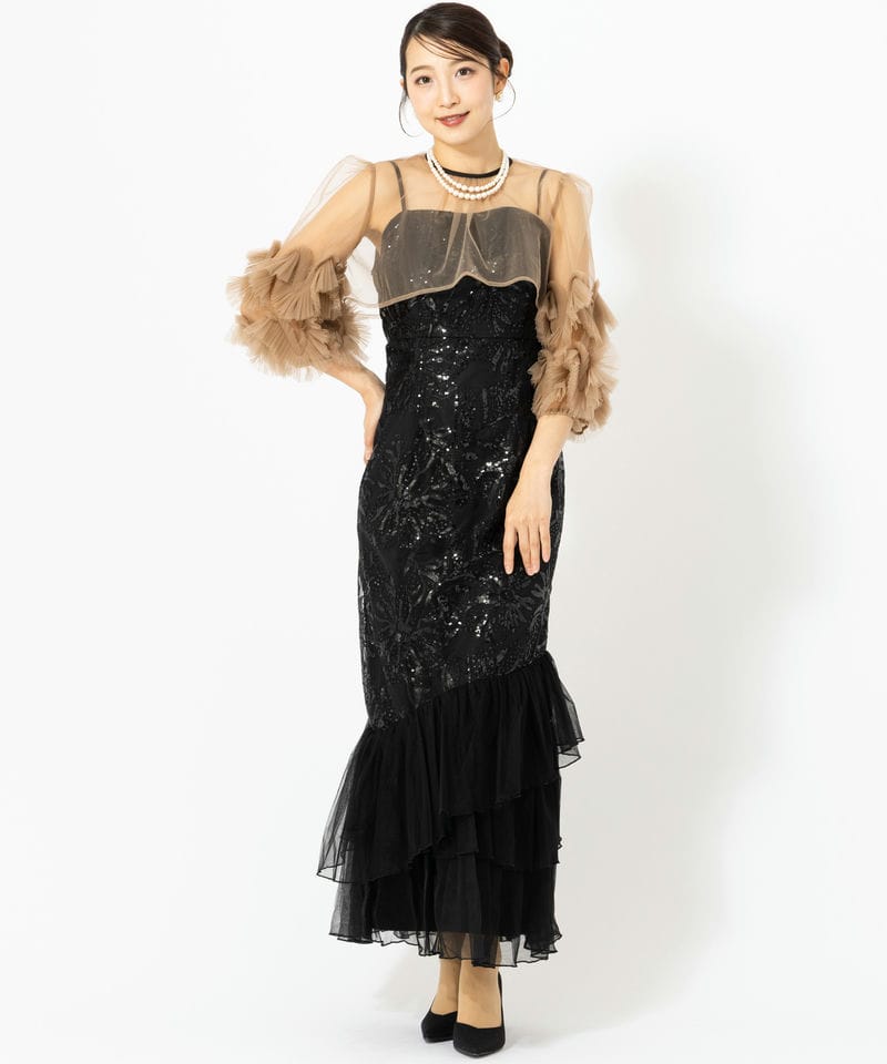 Leja レジャ フラワースパンコールチュールフリルスリーブIライン