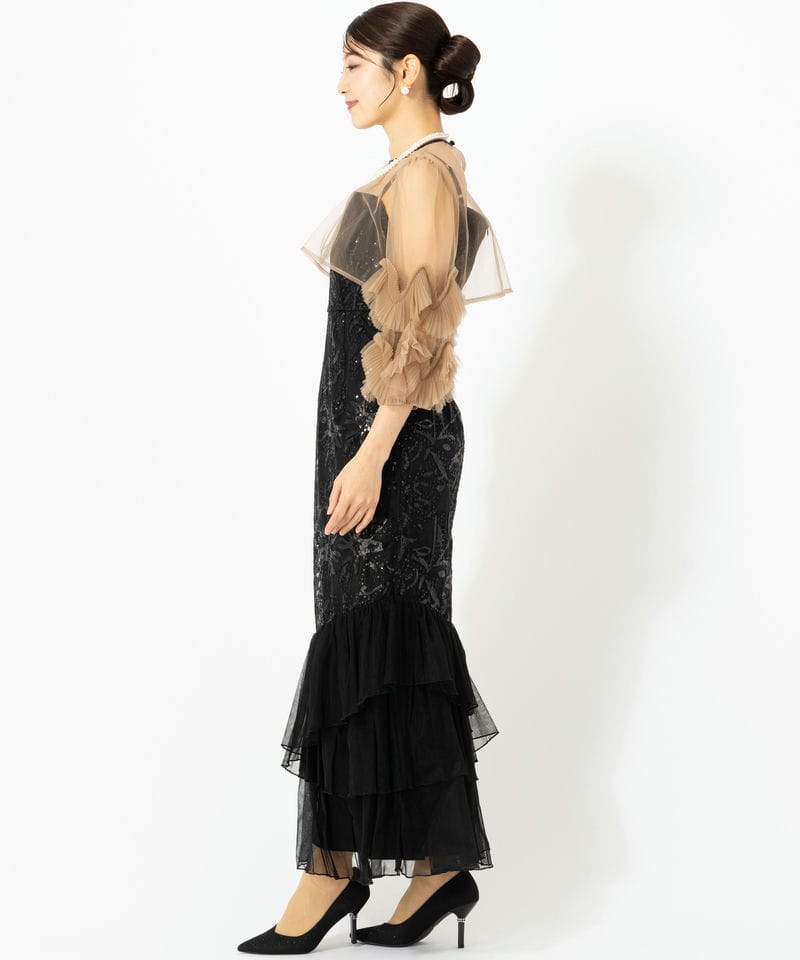 Leja レジャ フラワースパンコールチュールフリルスリーブIライン