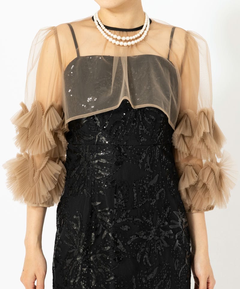 Leja レジャ フラワースパンコールチュールフリルスリーブIライン