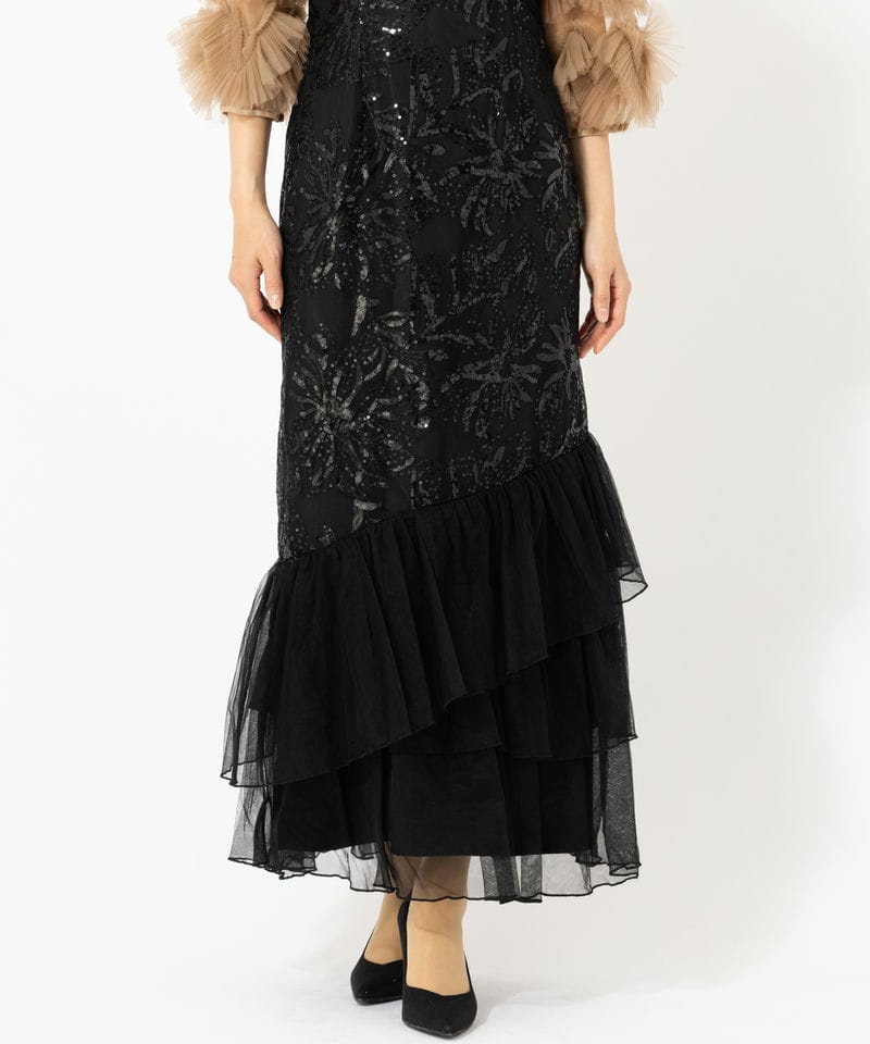 Leja レジャ フラワースパンコールチュールフリルスリーブIライン